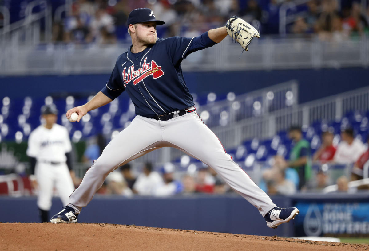 May 2, 2023; Miami, Florida, USA; Atlanta Braves starting pitcher Bryce Elder (55) pitches against the Miami Marlins during the first inning at loanDepot Park.